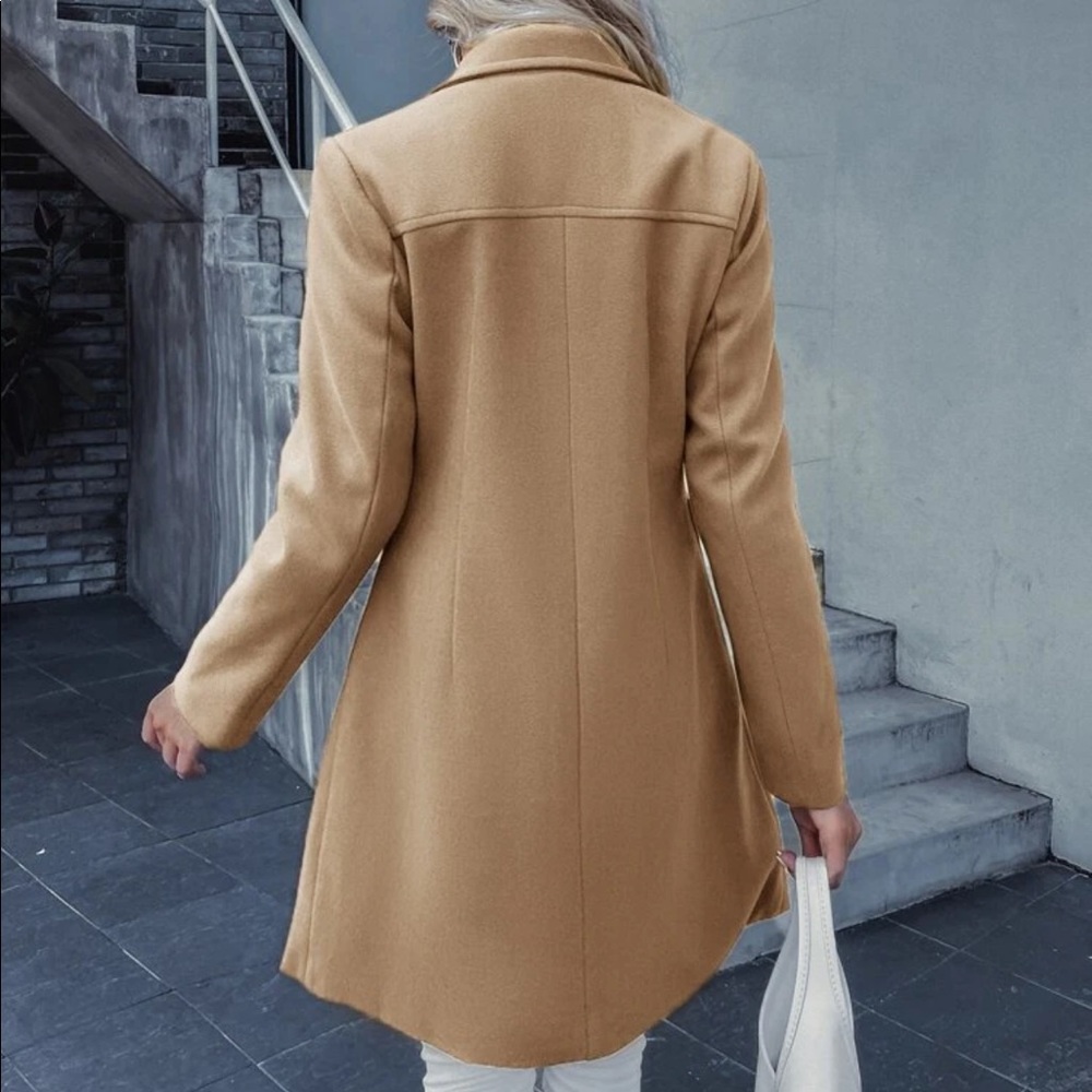 Notched Collar Buttoned Peacoat Jacket Camel - image 4